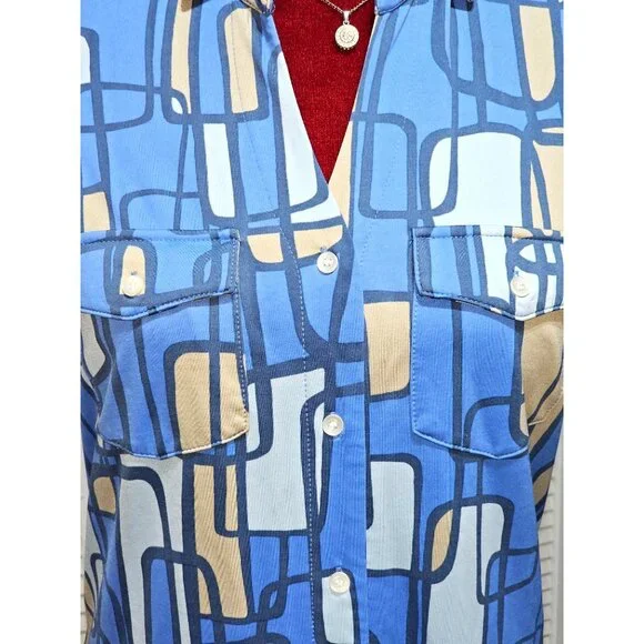 J. McLaughlin Women's Blue / Beige Geometric Pattern Button-Front Dress Sz S 204 - Picture 11 of 12